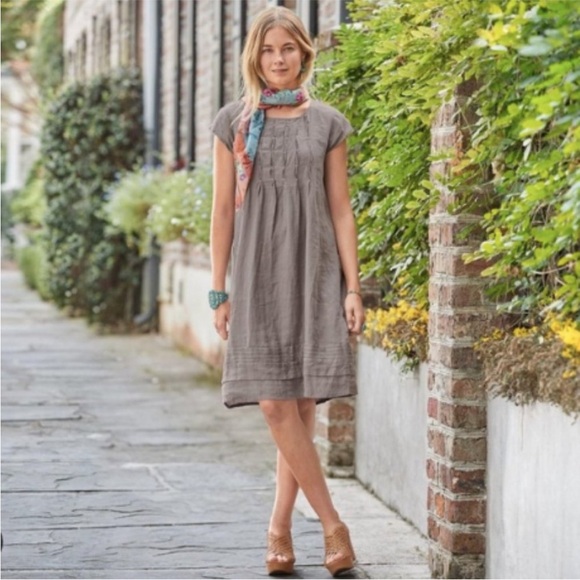 SUNDANCE Lagenlook 100% Linen Pleated Pintuck Viv Day Dress in Pebble Grey - Picture 1 of 8